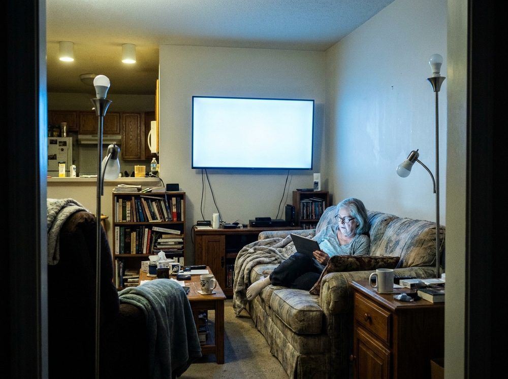 The room is dark outside and still bright inside. Television, lamps and kitchen fixtures all reach the same place — your eyes.